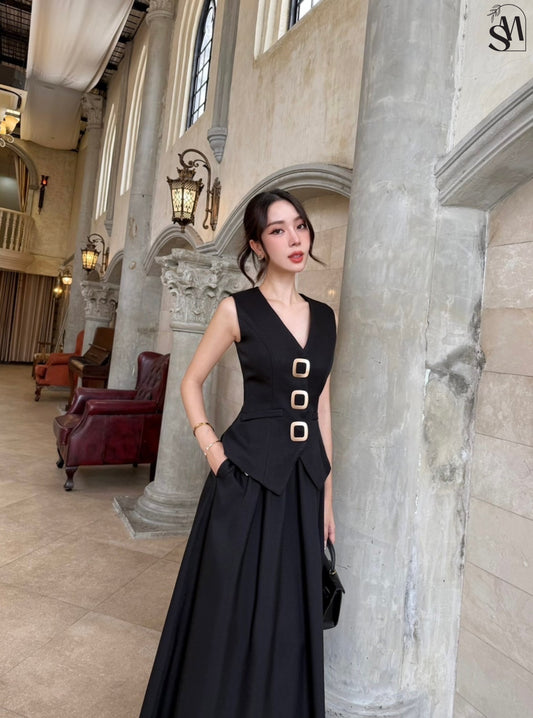 Elegant Black Golden Button Skirt Set with Premium-Grade