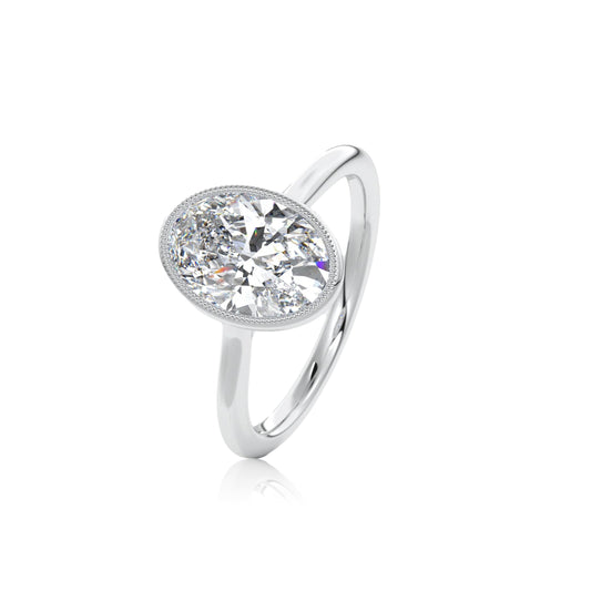 Oval Classic Rub-Over Diamond Engagement Ring With Milgrain Edge