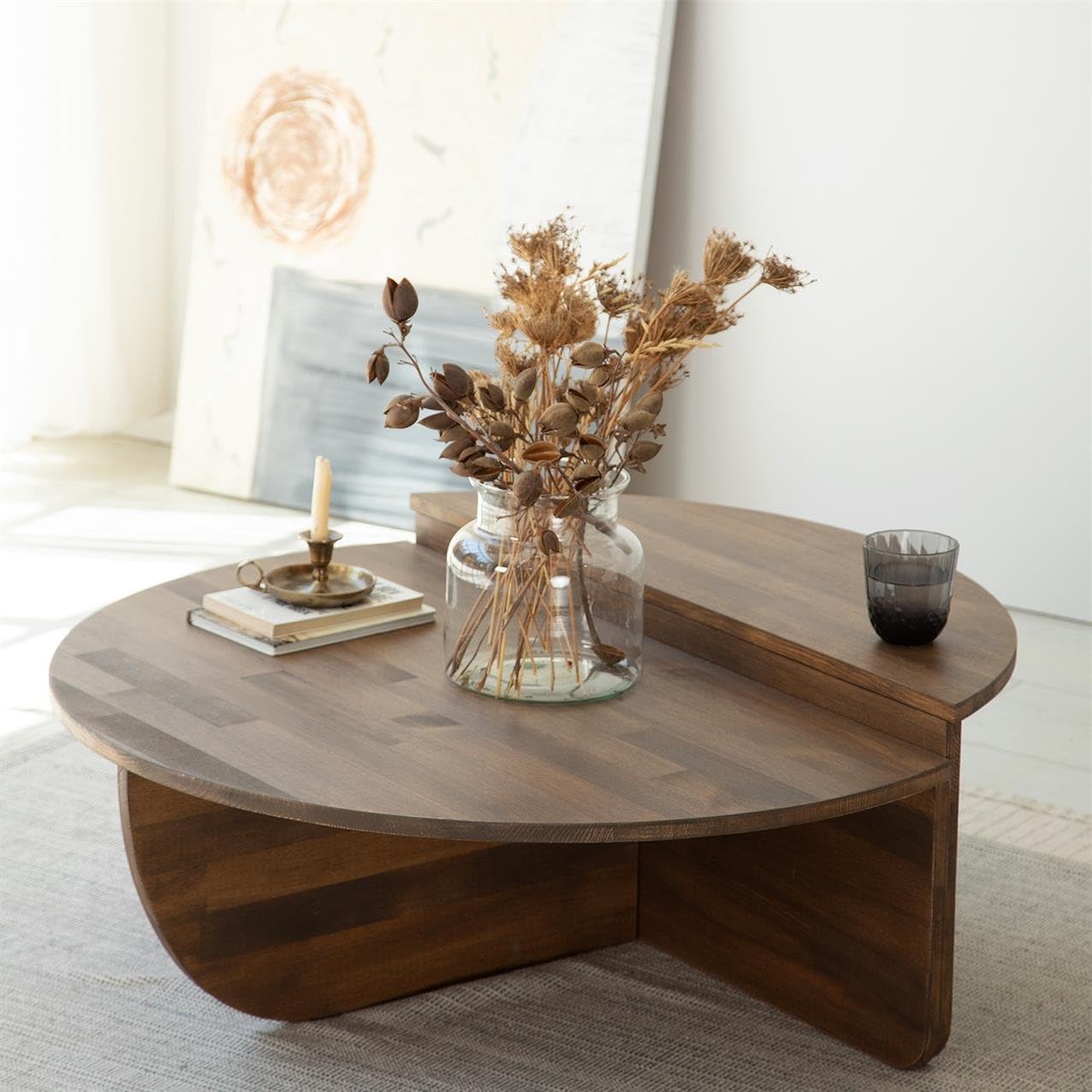 Alinda Modern Solid Wood Coffee Table, Round Wood Center Table, (Oak) - ALINDA DECOR