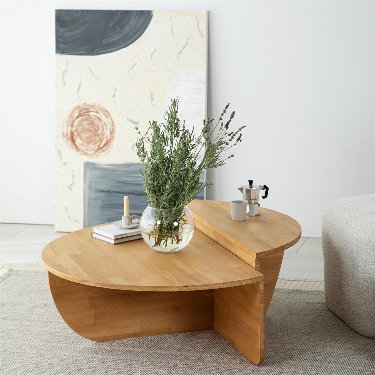 Alinda Modern Solid Wood Coffee Table, Round Wood Center Table, (Oak) - ALINDA DECOR