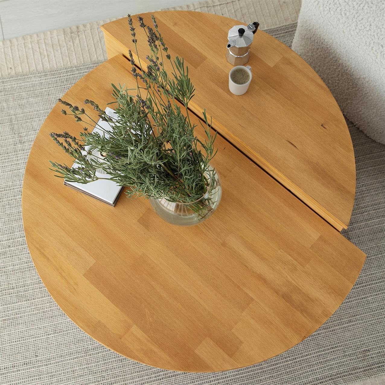 Alinda Modern Solid Wood Coffee Table, Round Wood Center Table, (Oak) - ALINDA DECOR